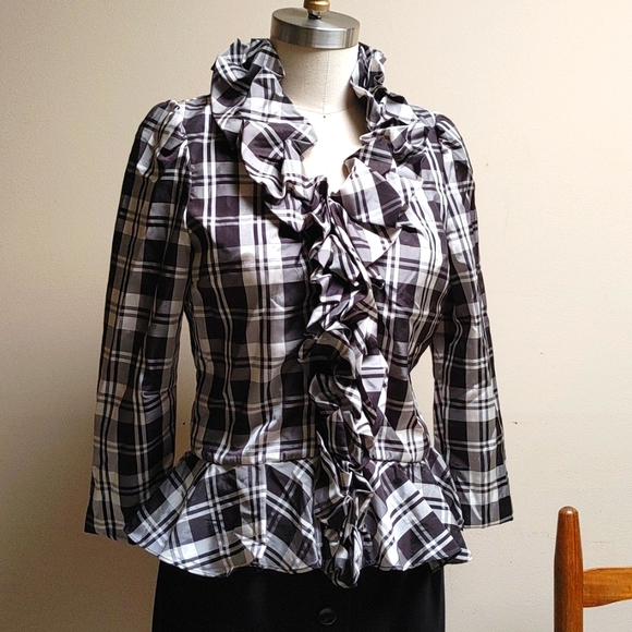 Boston Proper Tops - Boston Proper Plaid Taffeta Black & White Ruffle Peplum Blouse